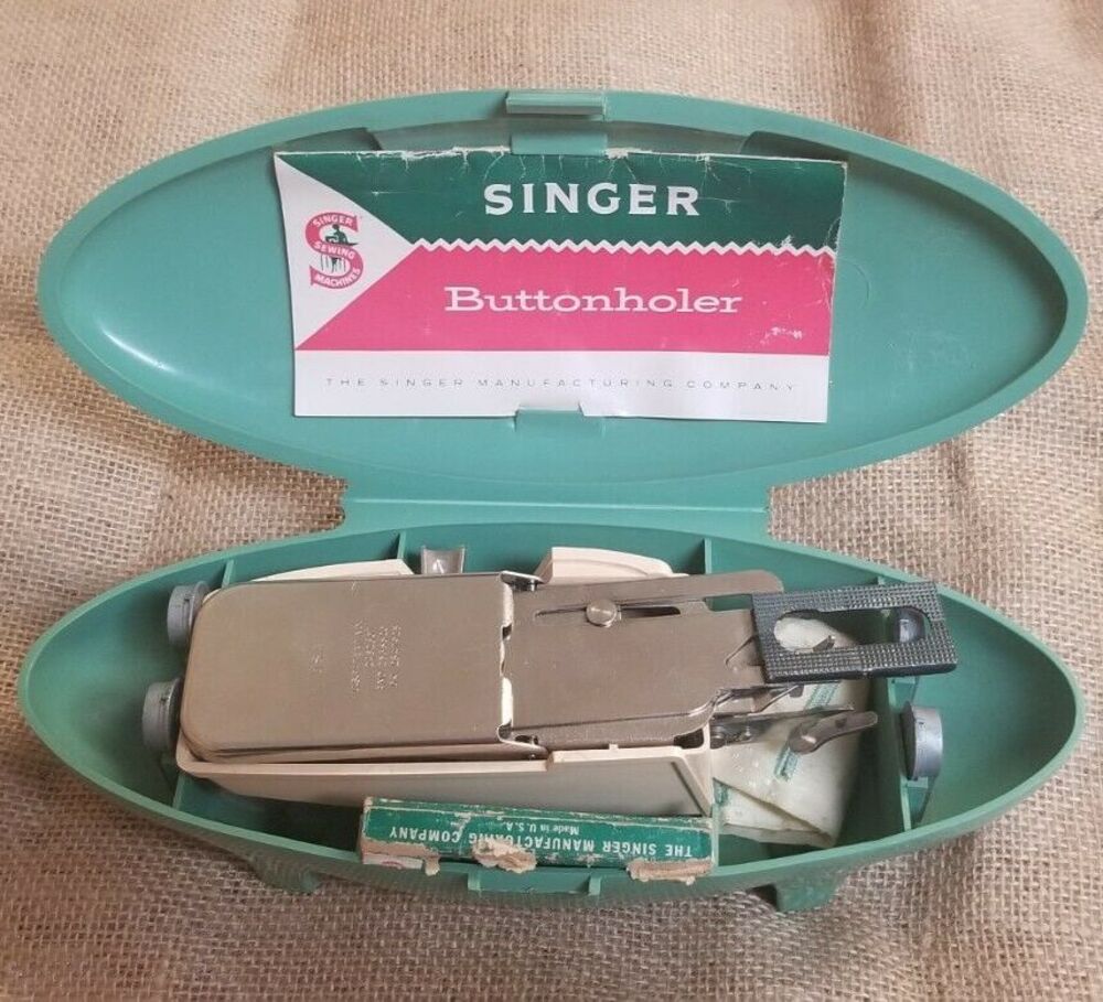 Vintage 1960's Singer Buttonholer Attachment, Green Case, Templates & Manual